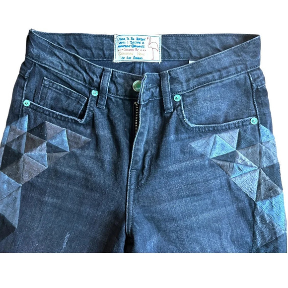 Sandrine Rose Los Angeles black wide leg embroidered jeans size 24 Fray Hem - Picture 5 of 16